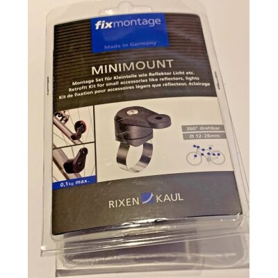 RIXEN & KAUL Rücklichthalter "Mini Mount" KLICKfix, zur Montage von Reflektoren, Lampen und anderen leichten Zubehörteilen, Metallschelle passt an alle Rohrdurchmesser von 12 - 28 mm, durch die schwenkbare Kunststoffhalterung ergeben sich viele verschied