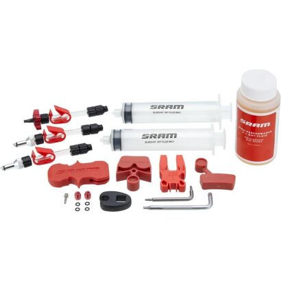 SRAM Entlüftungskit Für hydraulische Scheibenbremsen, bestehend aus: 2 Spritzen, 2 Klemmen mit Schraubanschluss, 1 Klemme mit Schraubanschluss für Bremssattel S4 (Guide Ultimate), 2 Leitungsnippel, 2 Klemmringe, Torx Winkelschlüssel T10/T25 (0.317.789/6)