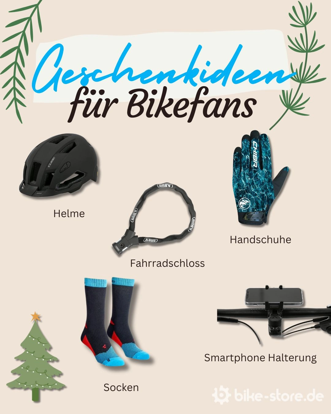 Bild mit 'Geschenkideen für Bikefans' und den verschiedenen Items drauf