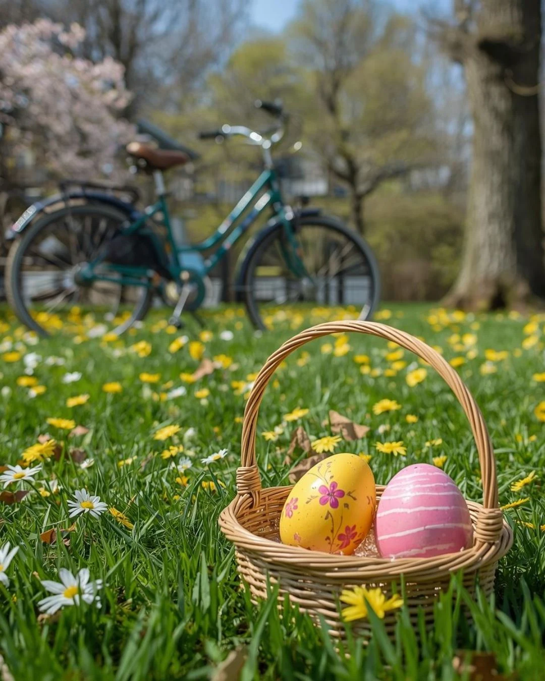 Kinderrad mit Ostertütchen und Frühlingsdekoration